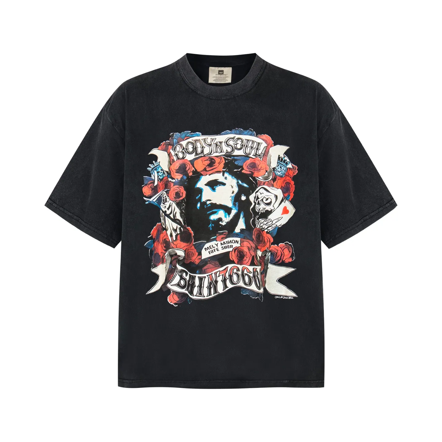 VT9269 P130💰 Saint Michael Rose Jesus Portrait "body&soul" Direct Ink Printing Retro Washed Distressed Short Sleeve T-shirt Small Neck Design Digital Inkjet Printing High Street Retro Heavy Vintage Short Sleeve Size: S M L XL